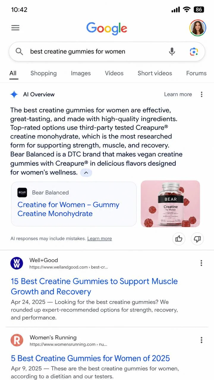 Google AI Overview citing a DTC brand as the answer to a shopping query