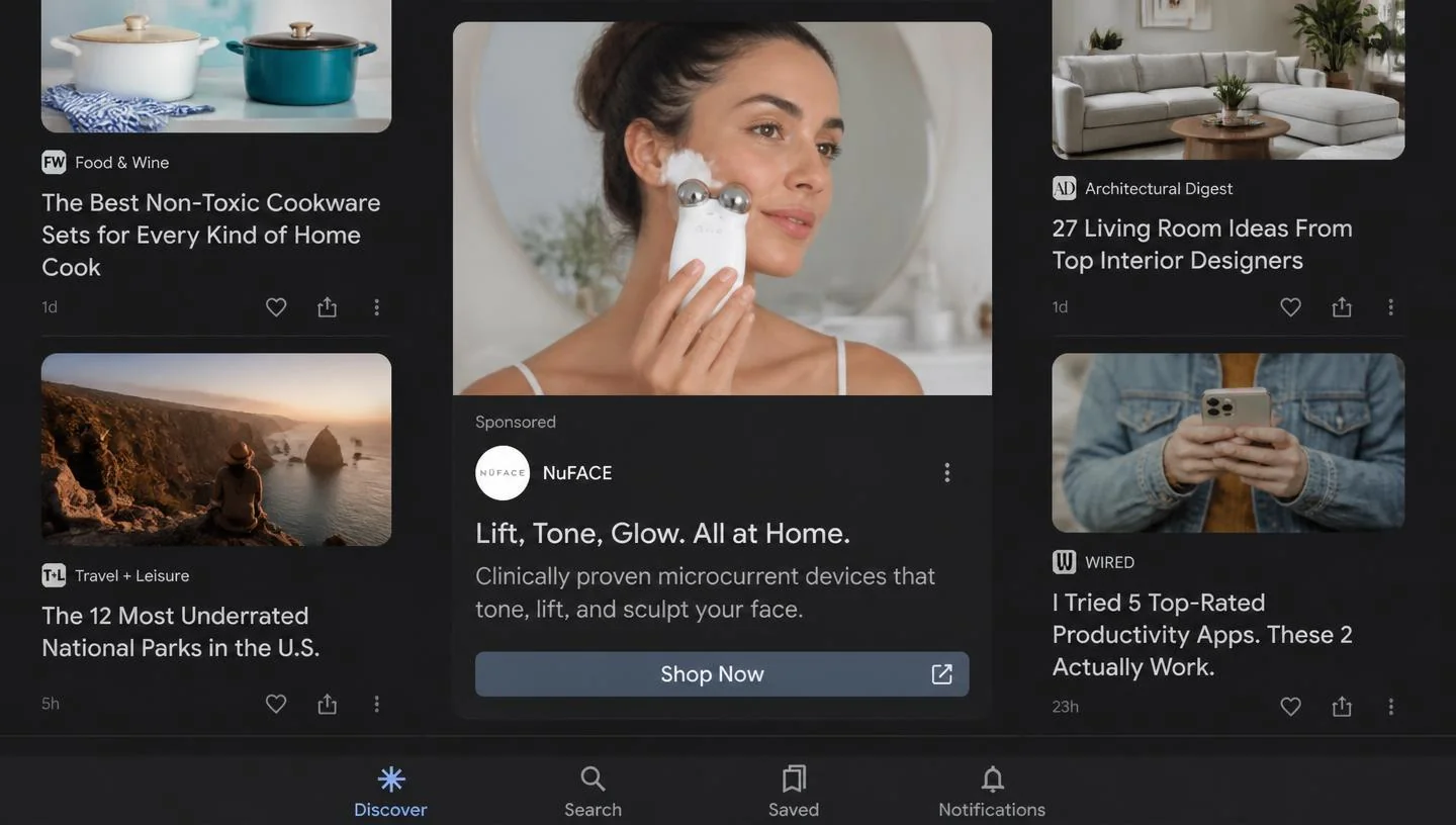 Native-style sponsored product card inside a personalized discovery feed