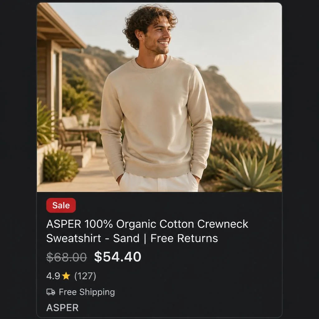 After: Shopping ad with keyword-rich title, strong lifestyle imagery, reviews, and shipping annotations
