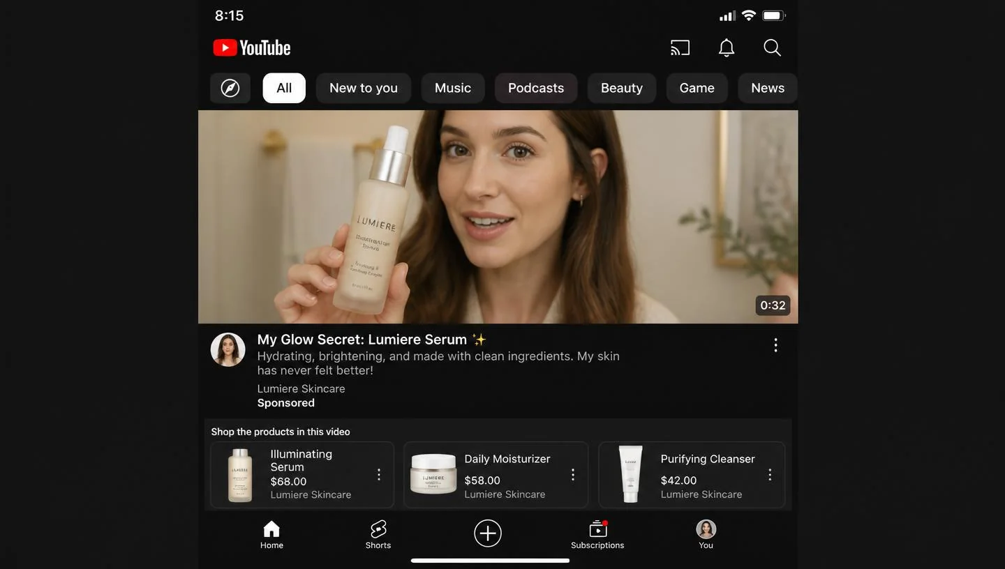 Lumiere creator-style skincare ad running natively in the YouTube mobile feed